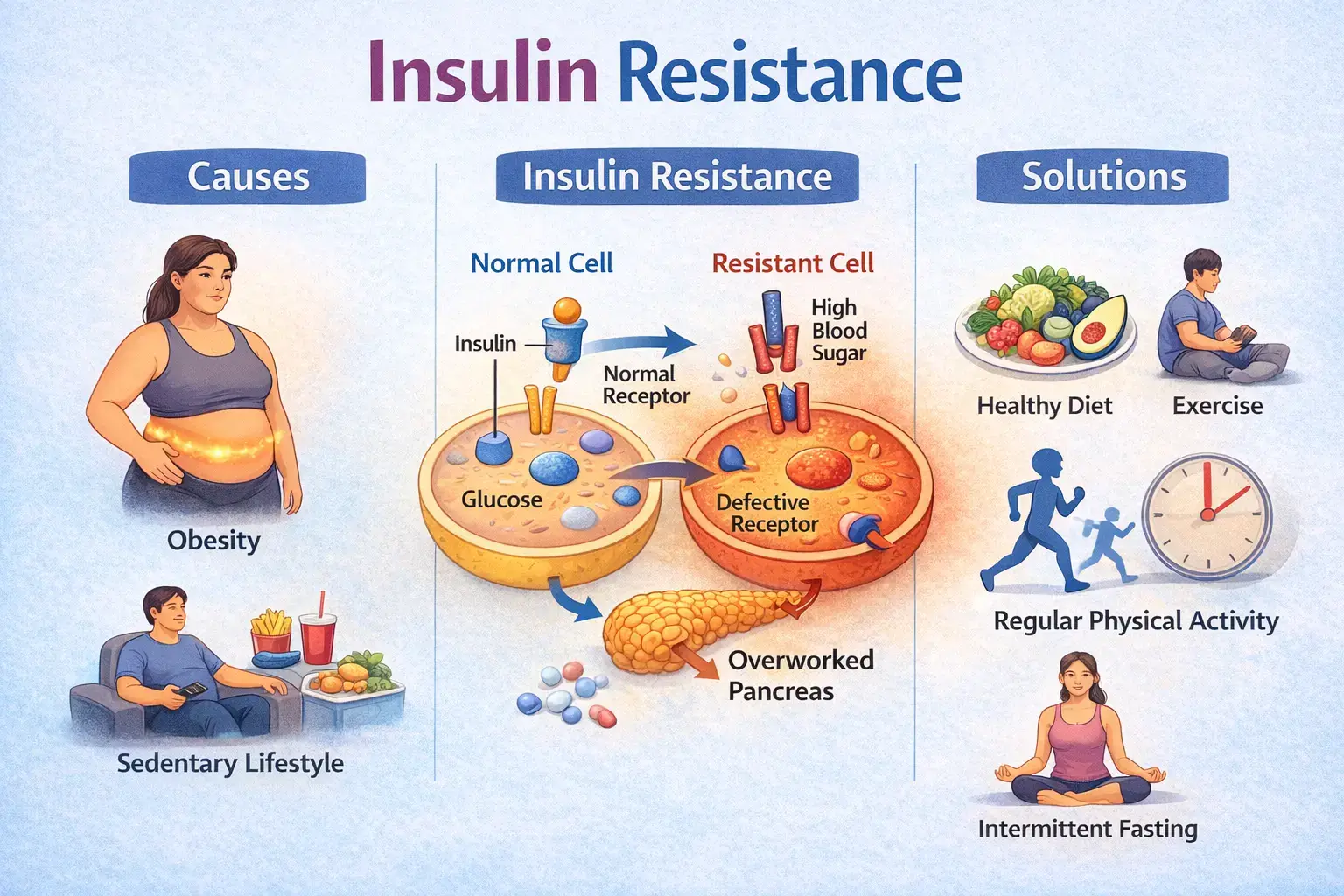 Simple illustration explaining insulin resistance, comparing normal and insulin-resistant cells, and showing lifestyle solutions such as a healthy diet, regular physical activity, and intermittent fasting to improve insulin sensitivity