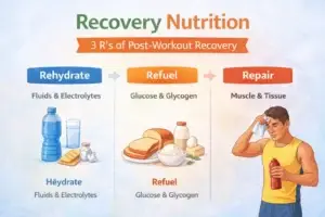 Recovery nutrition infographic showing the 3 R’s of post-workout recovery—rehydrate, refuel, and repair—with fluids, carbohydrates, and protein for muscle recovery.