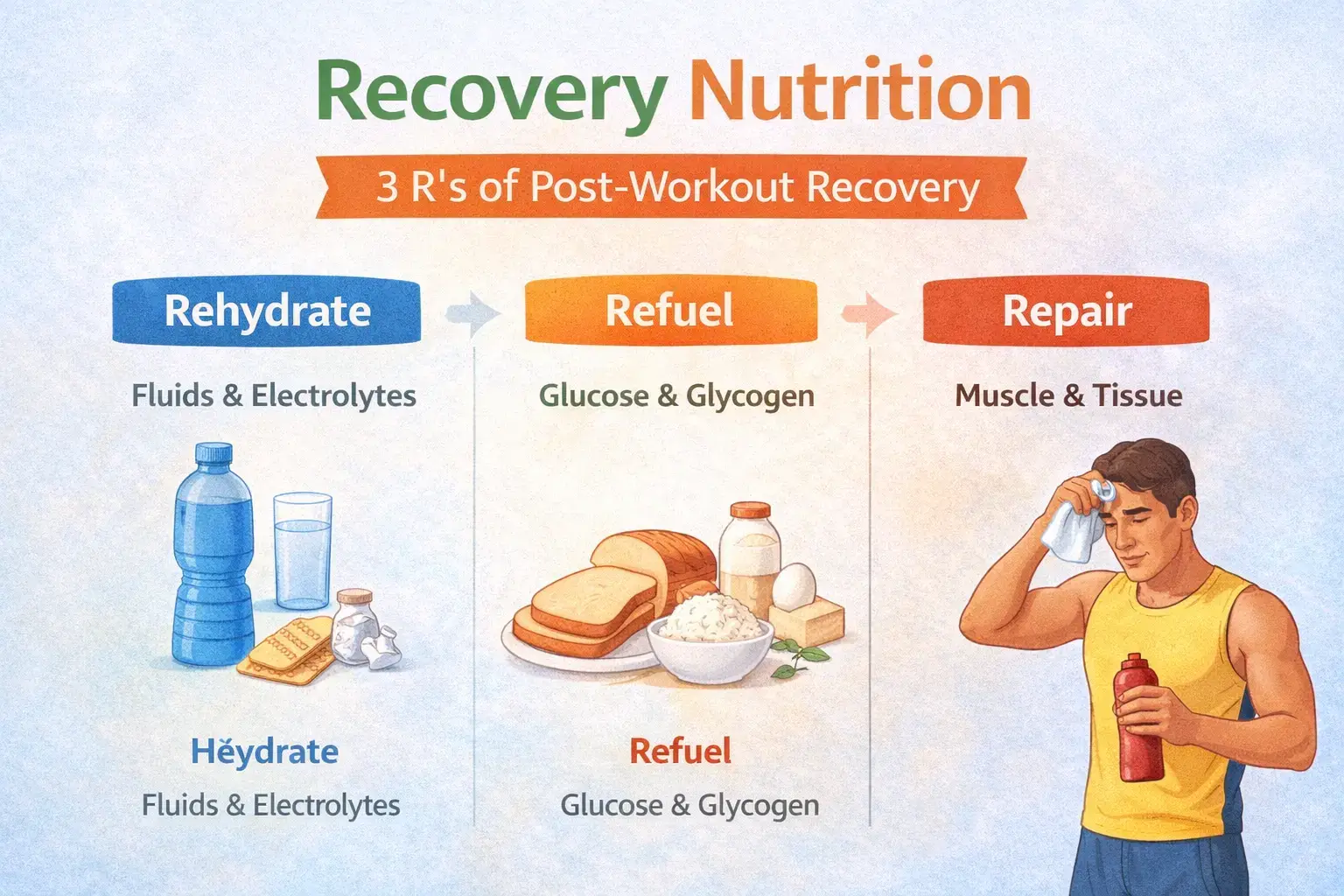 Recovery nutrition infographic showing the 3 R’s of post-workout recovery—rehydrate, refuel, and repair—with fluids, carbohydrates, and protein for muscle recovery.