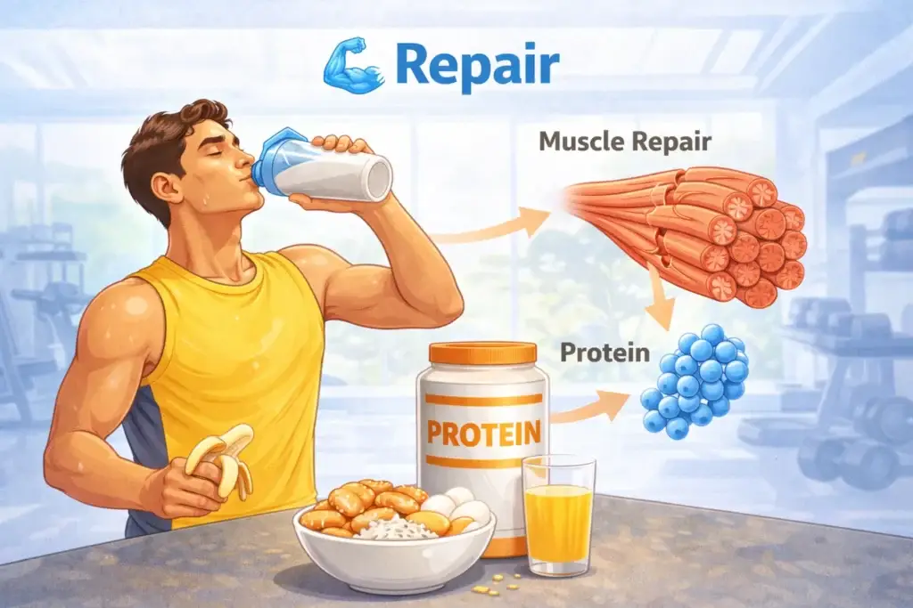 Consuming protein after a workout to support muscle repair and recovery, illustrating the repair phase of recovery nutrition.