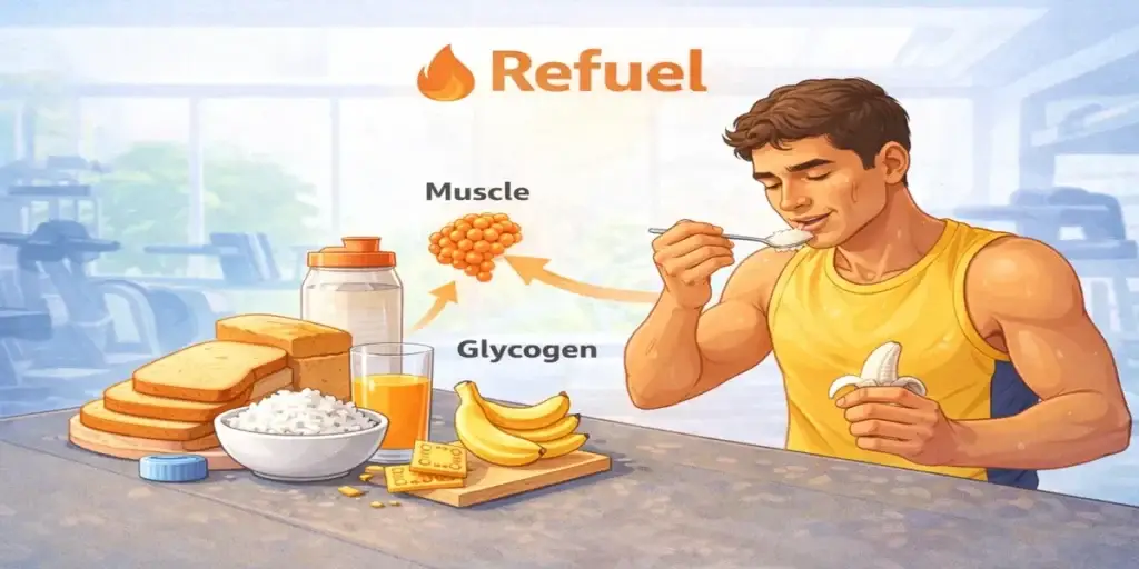 Athlete refueling after a workout with carbohydrates to restore muscle glycogen
