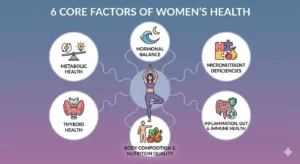 An infographic illustrating six core factors of women's health: Metabolic Health, Hormonal Balance, Micronutrient Deficiencies, Thyroid Health, Body Composition & Nutrition, and Inflammation/Gut Health