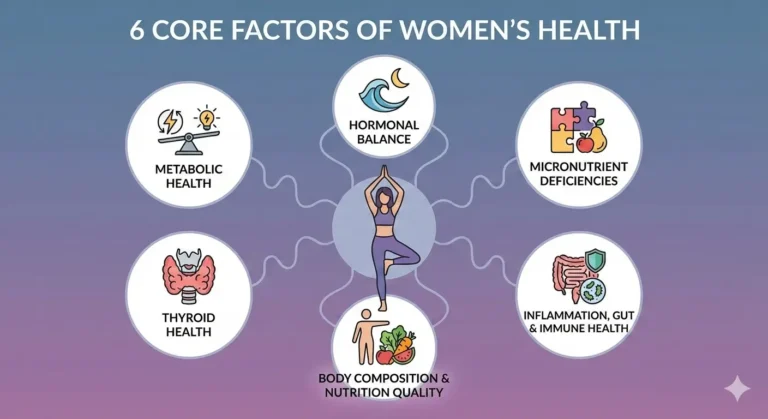 An infographic illustrating six core factors of women's health: Metabolic Health, Hormonal Balance, Micronutrient Deficiencies, Thyroid Health, Body Composition & Nutrition, and Inflammation/Gut Health