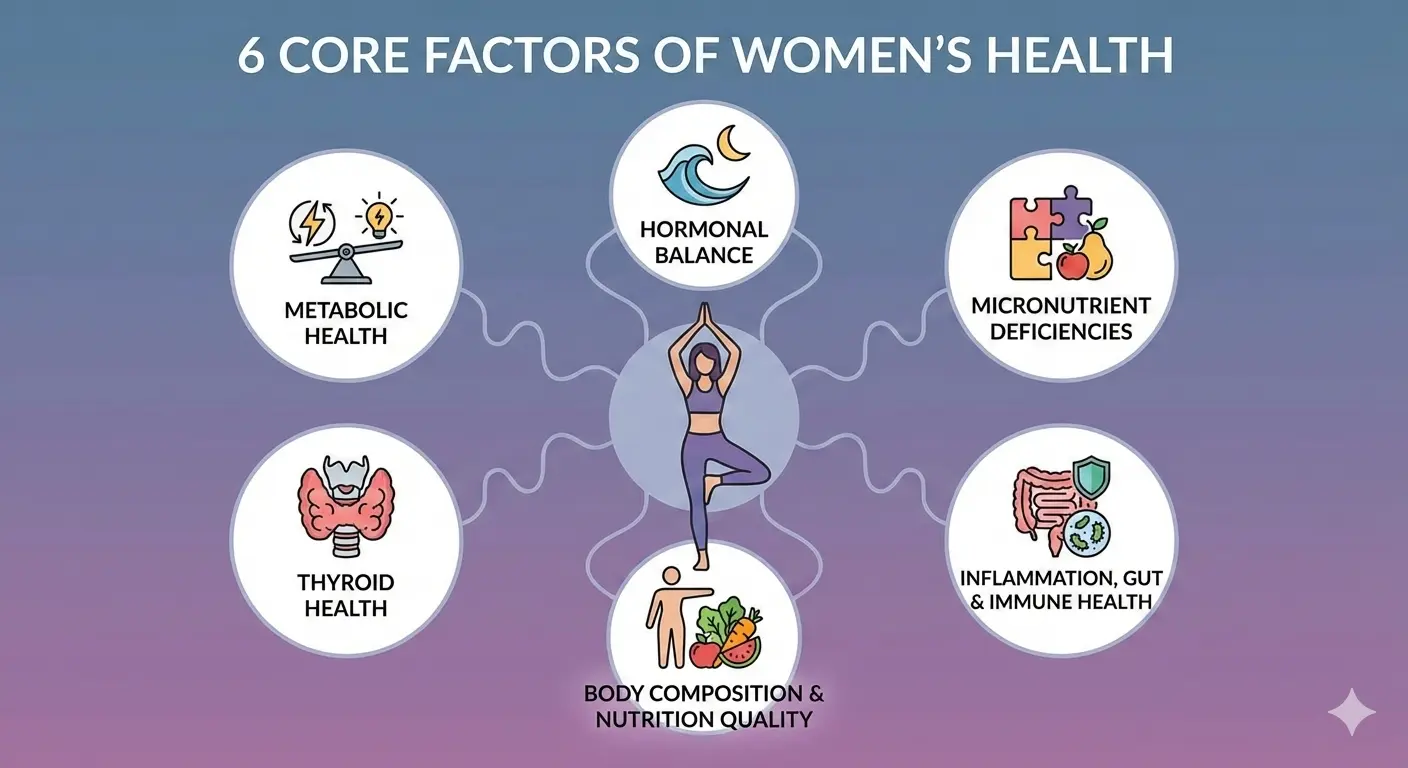 An infographic illustrating six core factors of women's health: Metabolic Health, Hormonal Balance, Micronutrient Deficiencies, Thyroid Health, Body Composition & Nutrition, and Inflammation/Gut Health
