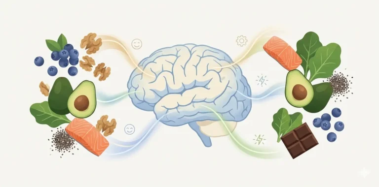 A science-based infographic showing vitamins and amino acids from foods like spinach and salmon transforming into neurotransmitter signals labeled Dopamine, Serotonin, and GABA inside the brain. Dopamine Diet