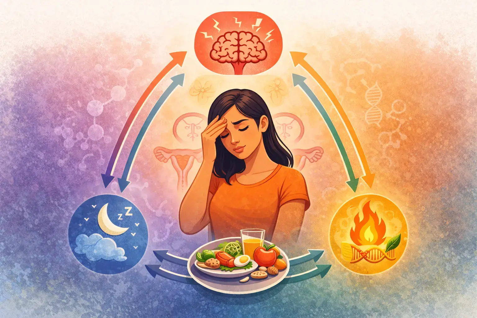 Woman surrounded by stress, sleep, nutrition, and metabolism symbols illustrating hormonal imbalance in women