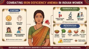 Educational infographic on iron deficiency anemia symptoms, tests, and nutrition plan for Indian women