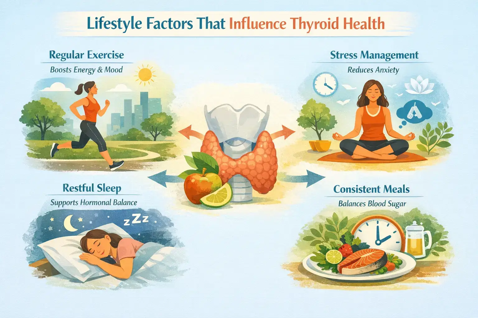 Illustration showing lifestyle factors that support thyroid health including exercise, sleep, stress management, and balanced meals