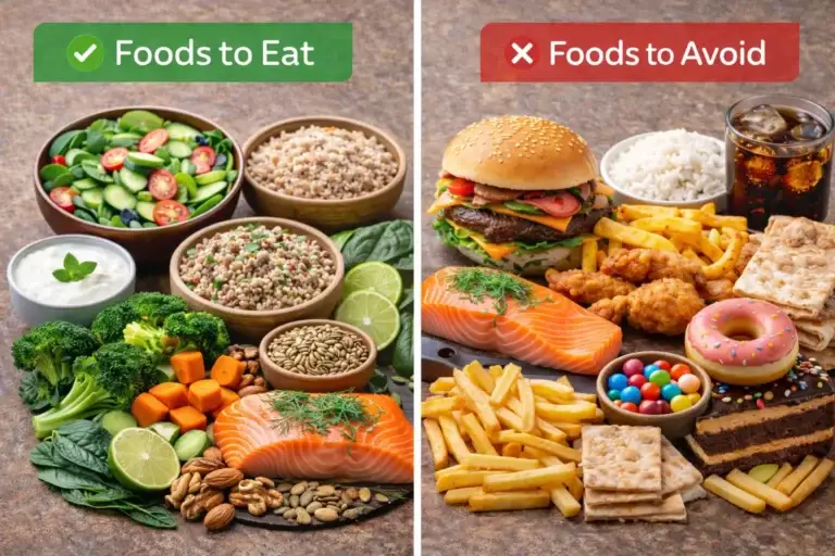 PCOS diet plan image showing foods to eat and foods to avoid for managing symptoms and hormonal balance”