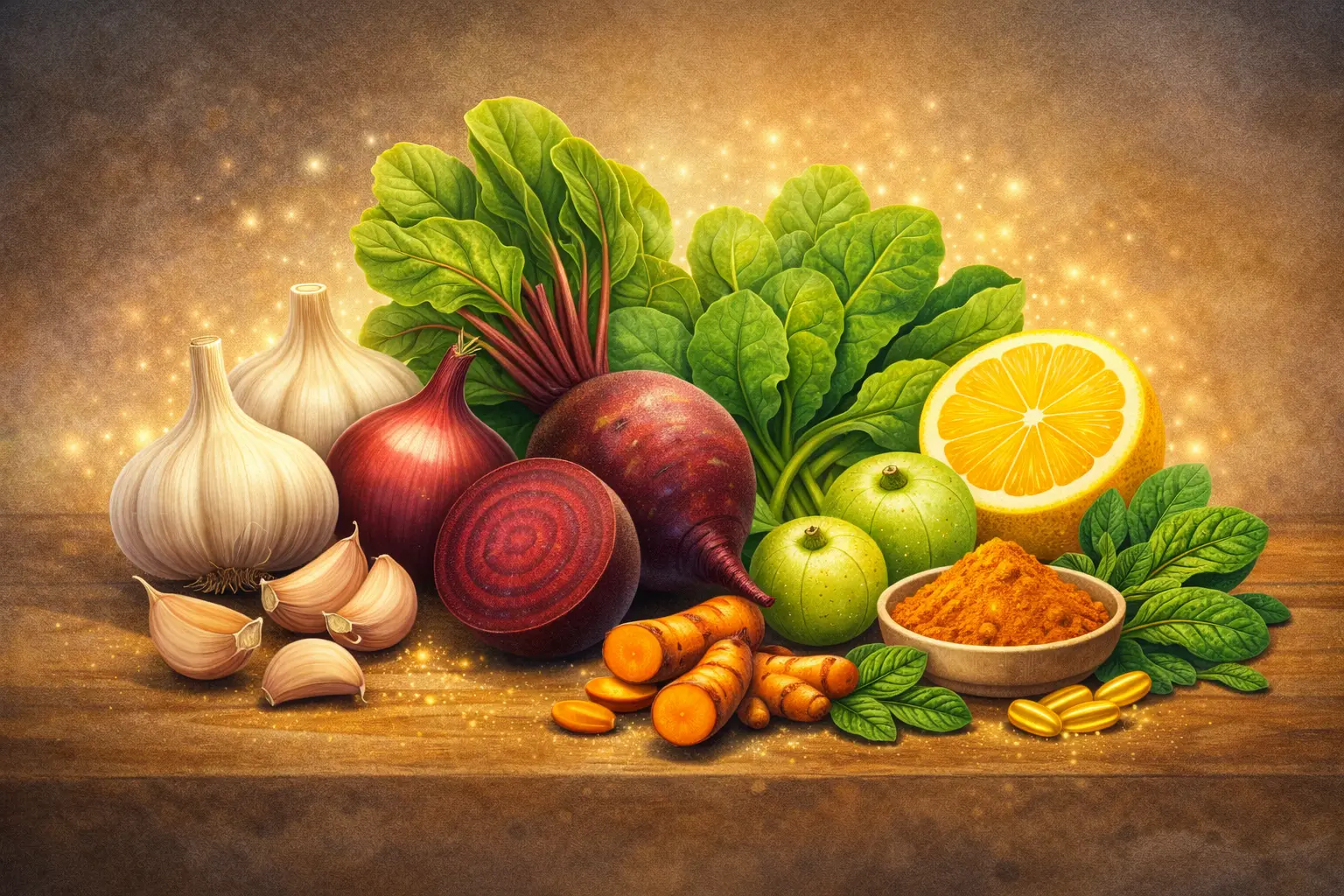 Indian detox foods including garlic, onion, beetroot, spinach, turmeric, lemon, and amla