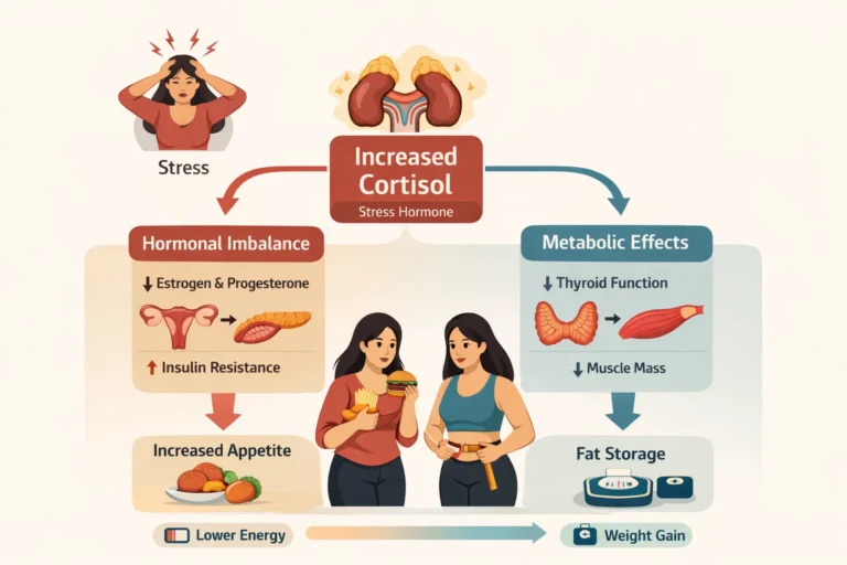 Infographic illustrating stress, cortisol, and women’s metabolism hormonal interactions and effects on energy and weight. High Cortisol Slowing Your Metabolism? 7 Science-Backed Fixes