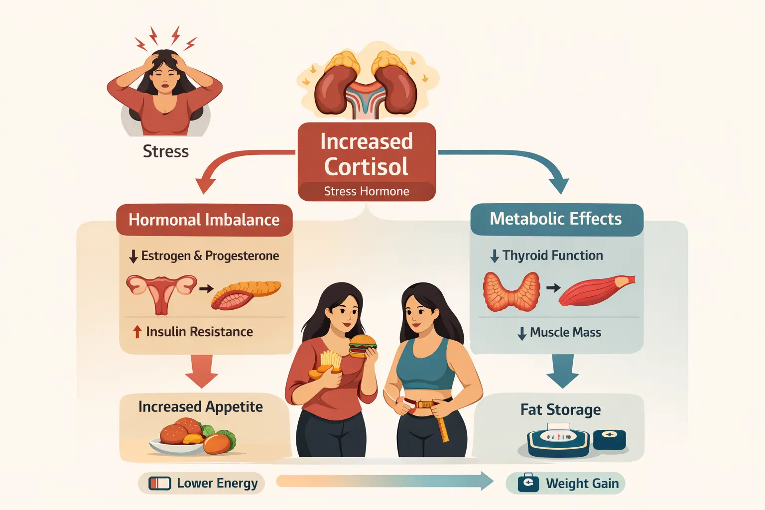 Infographic illustrating stress, cortisol, and women’s metabolism hormonal interactions and effects on energy and weight. High Cortisol Slowing Your Metabolism? 7 Science-Backed Fixes