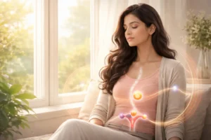 Indian woman illustrating hormonal rhythm and menstrual cycle balance for PMS and women’s hormonal health. How to Manage PMS