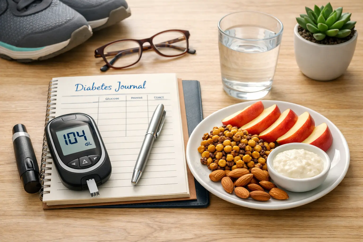 Diabetes management essentials including glucose meter, health journal, healthy Indian snacks, water, and walking shoes for blood sugar control