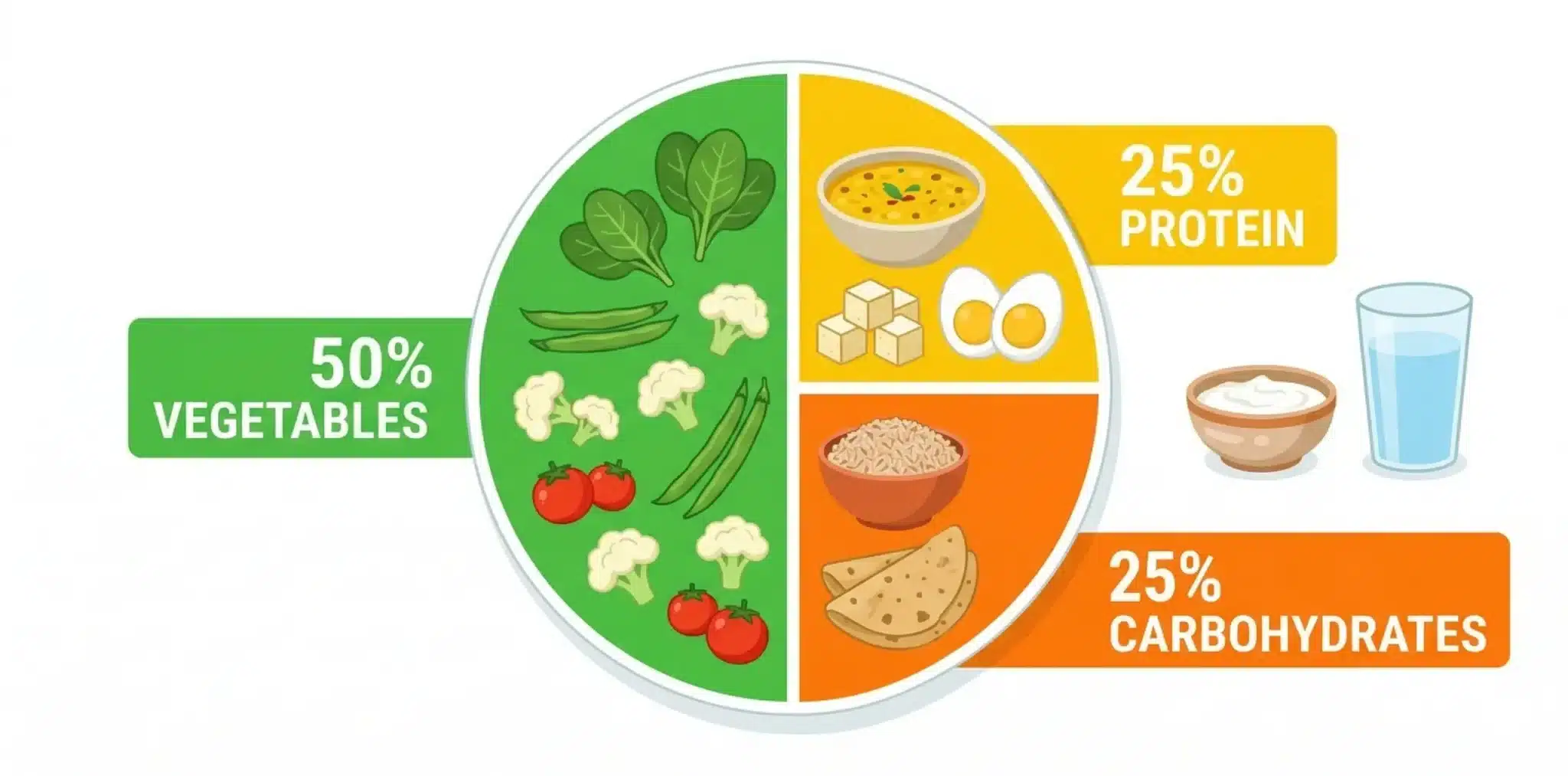 Diabetes plate method infographic showing 50% vegetables, 25% protein, and 25% carbohydrates for blood sugar control in Indian diet