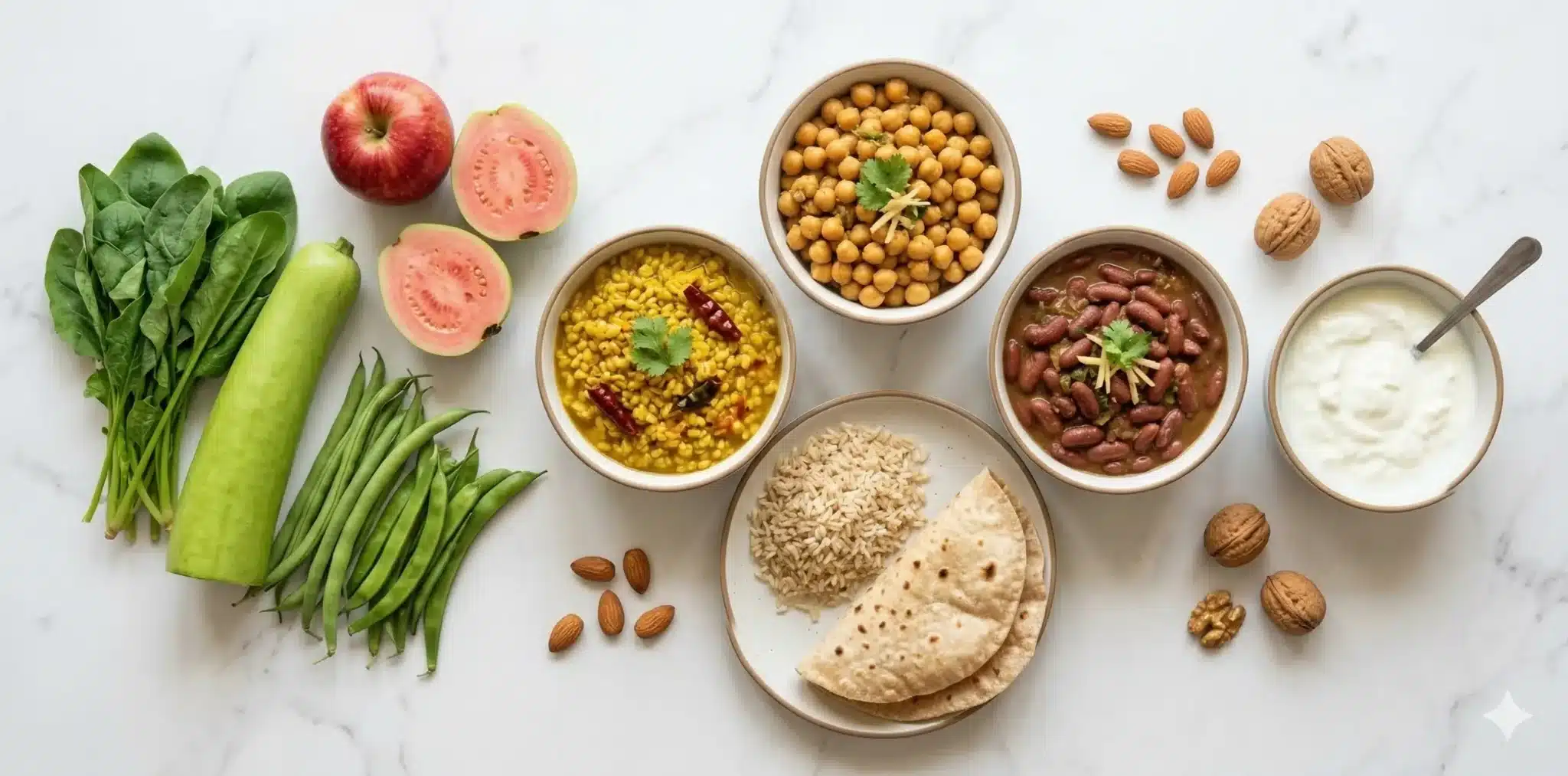 Collection of low GI foods for diabetics including moong dal, chickpeas, brown rice, whole wheat roti, vegetables, apple, guava, curd, and nuts