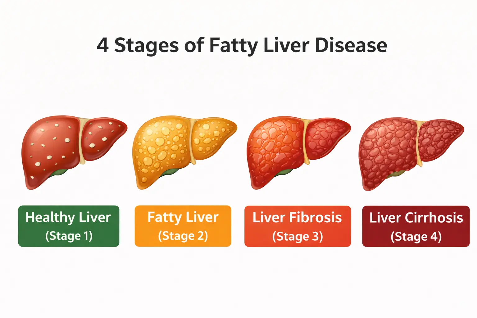 Infographic showing 4 stages of fatty liver disease from simple fatty liver to cirrhosis