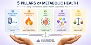 Five pillars of metabolic health showing blood sugar stability, inflammation control, gut health, nutrient adequacy, and calorie balance working together for optimal metabolism
