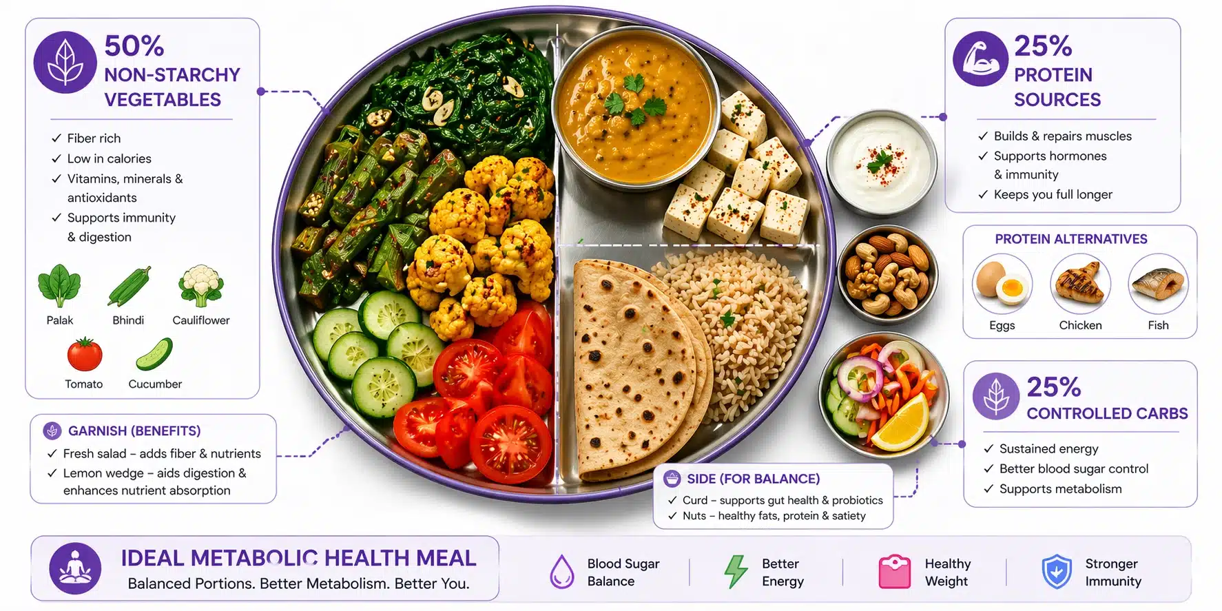 Ideal Indian metabolic health plate showing proper portions - half plate vegetables, quarter protein, quarter whole grains for balanced blood sugar control