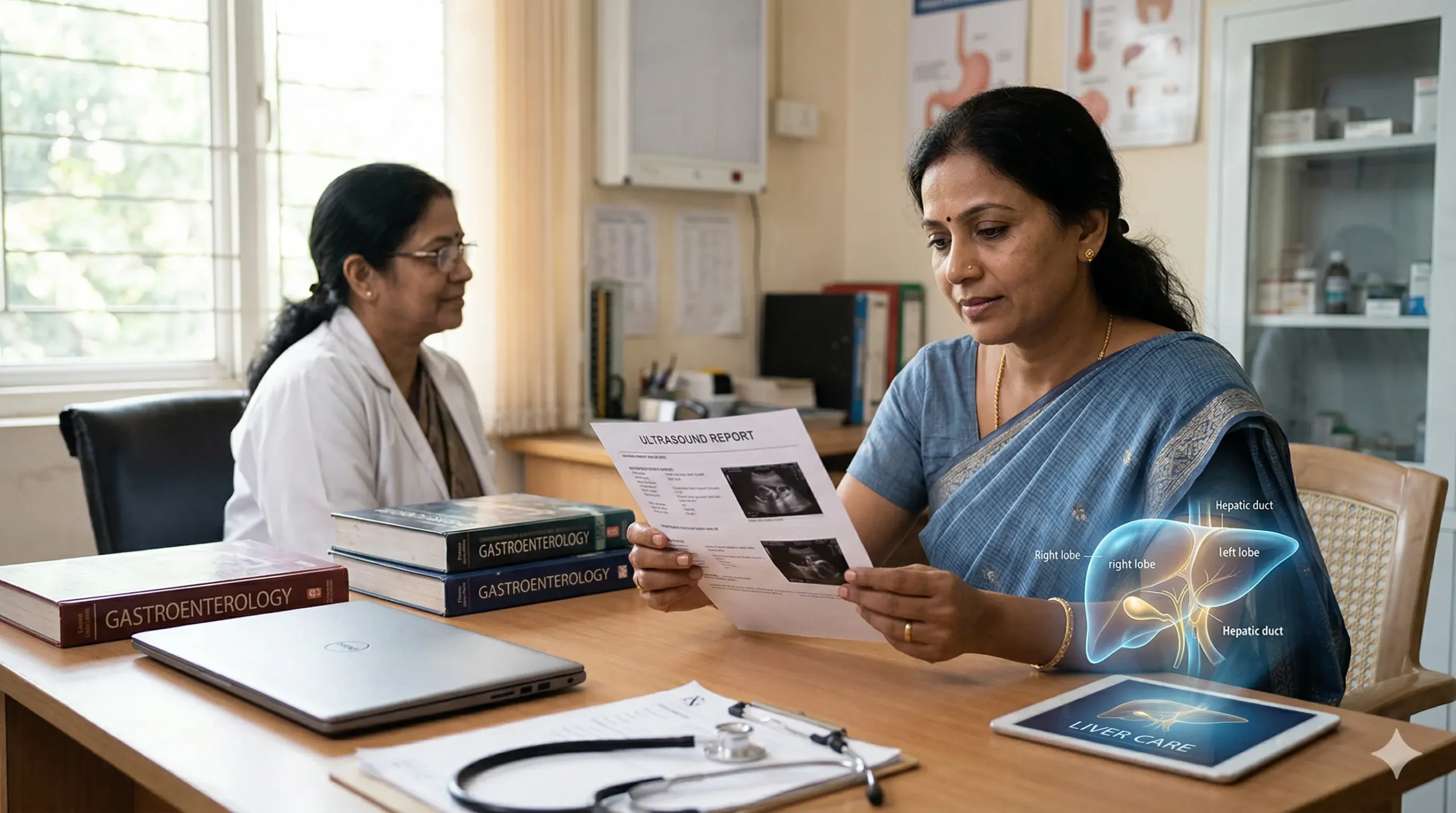 Indian woman reviewing a fatty liver ultrasound report showing liver anatomy, with concerned but thoughtful expression. Fatty Liver Symptoms in Females: 10 Warning Signs, Diet Chart & How to Reverse It Naturally