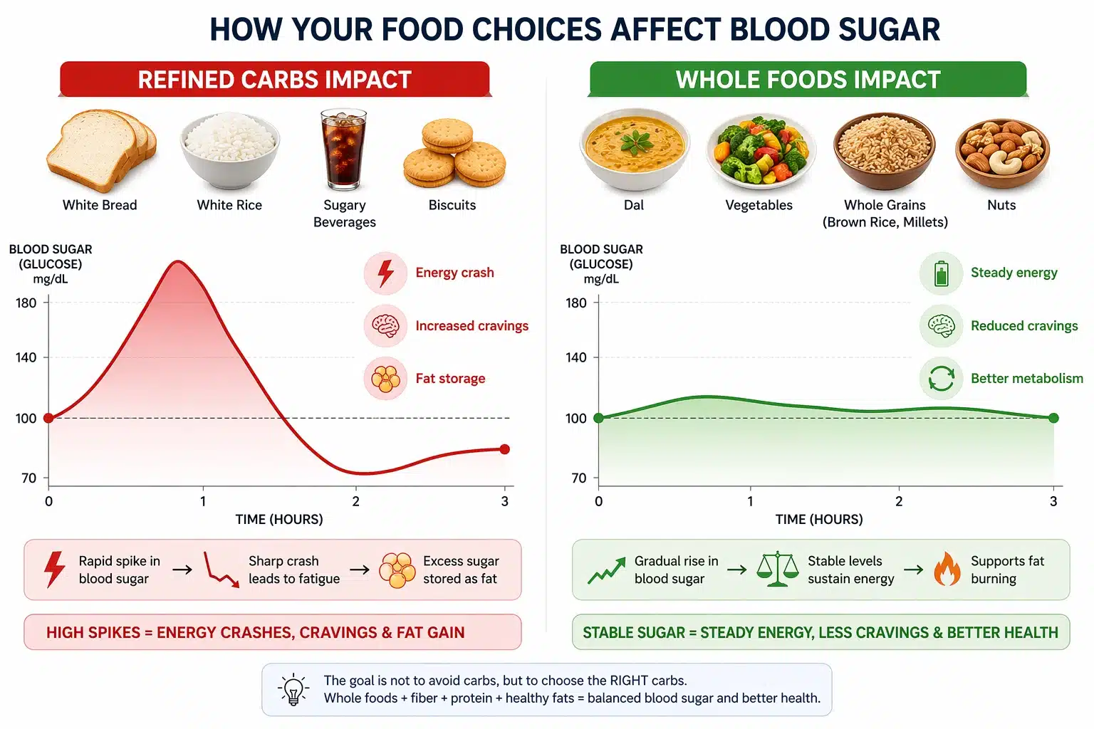 Blood sugar response comparison showing refined carbohydrates causing glucose spikes versus whole foods maintaining stable blood sugar levels for better metabolic health