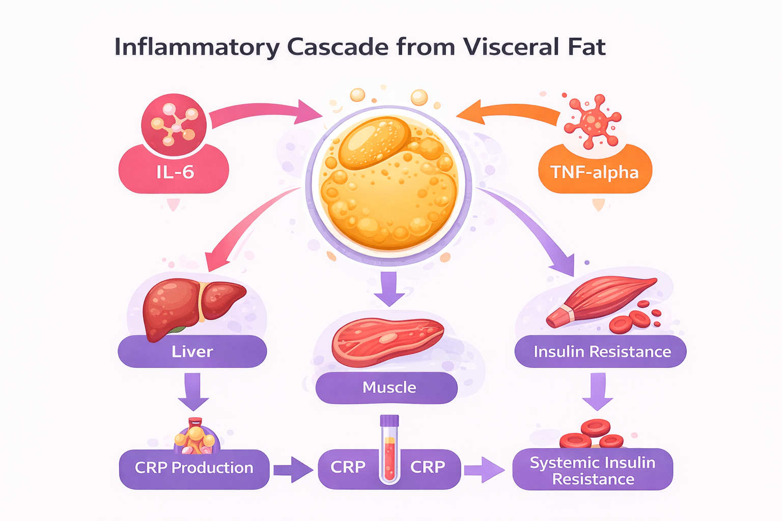 How visceral belly fat causes inflammation - diagram showing IL-6, TNF-alpha, and resistin molecules triggering insulin resistance