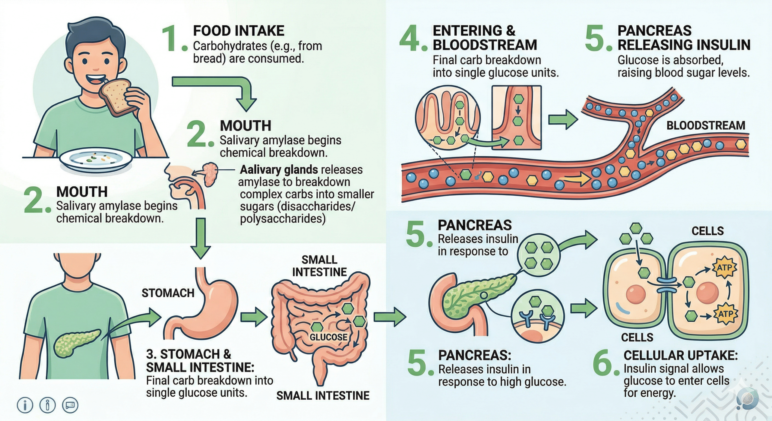 Diagram showing how the body processes carbohydrates from digestion through glucose absorption to insulin response and fat storage