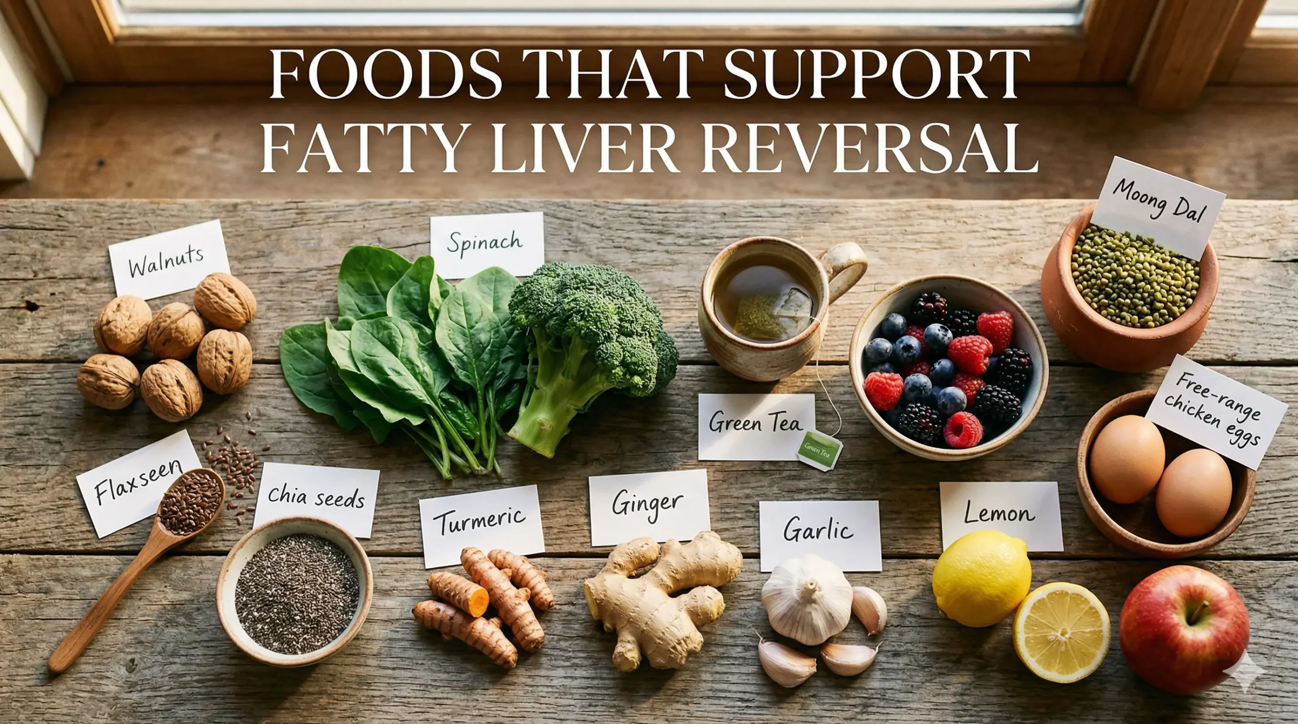Flat lay of Indian foods that help reverse fatty liver naturally including walnuts, flaxseeds, spinach, broccoli, turmeric, ginger, garlic, green tea, moong dal, eggs, berries and lemon arranged on a wooden surface