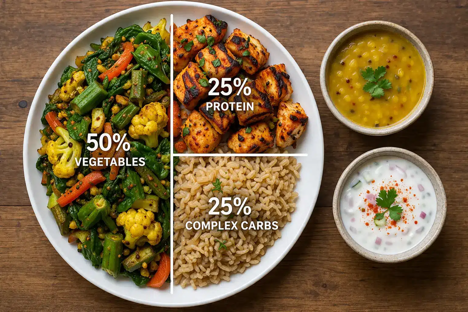 Indian thali plate showing 50% vegetables, 25% protein like paneer or chicken, 25% brown rice with dal and raita on the side