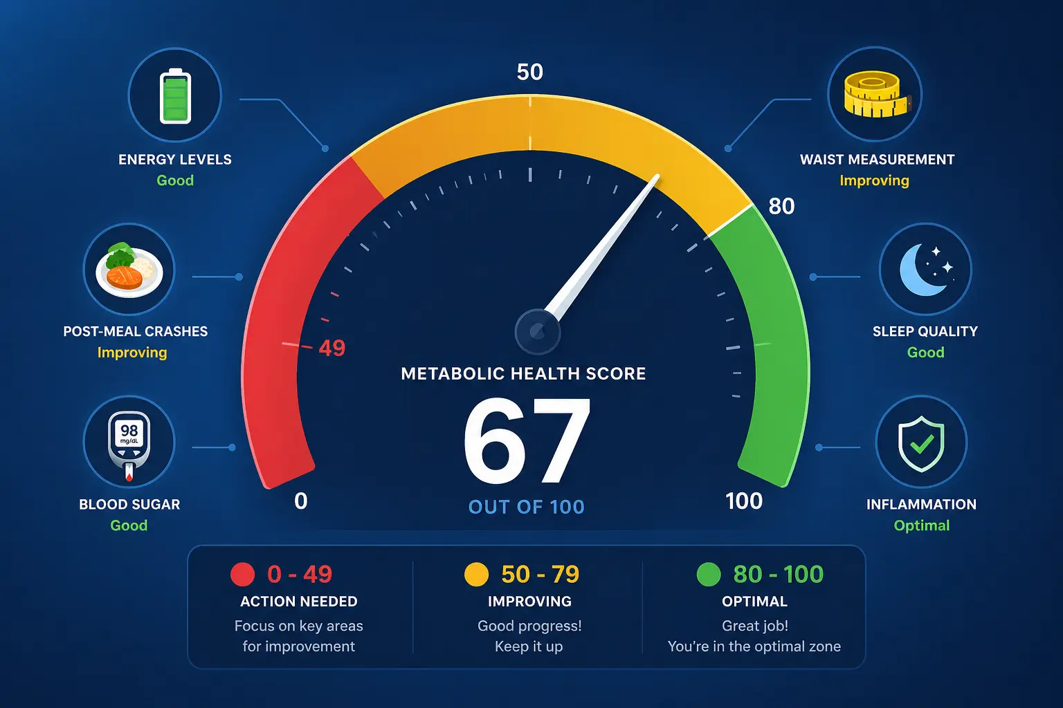 Metabolic health score gauge showing 0-100 scale with red zone 0-49 action needed, yellow 50-79 improving, green 80-100 optimal