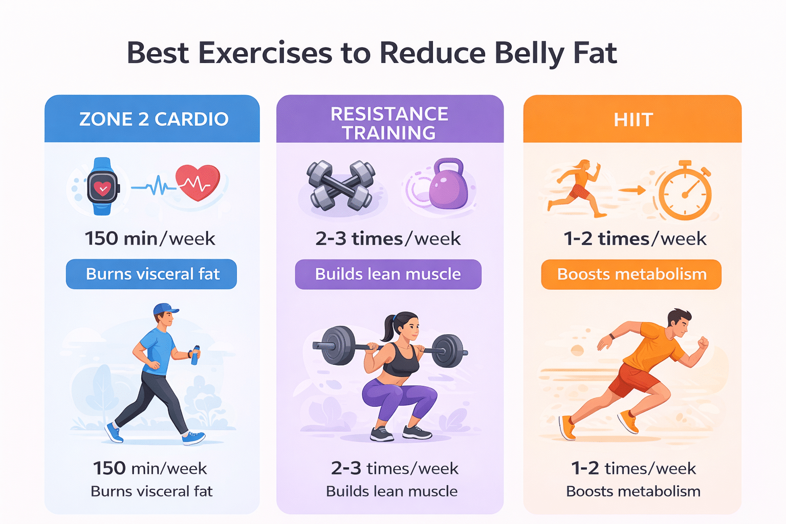 Best exercises to reduce belly fat: Zone 2 cardio, resistance training, and HIIT with recommended frequency and benefits for visceral fat loss