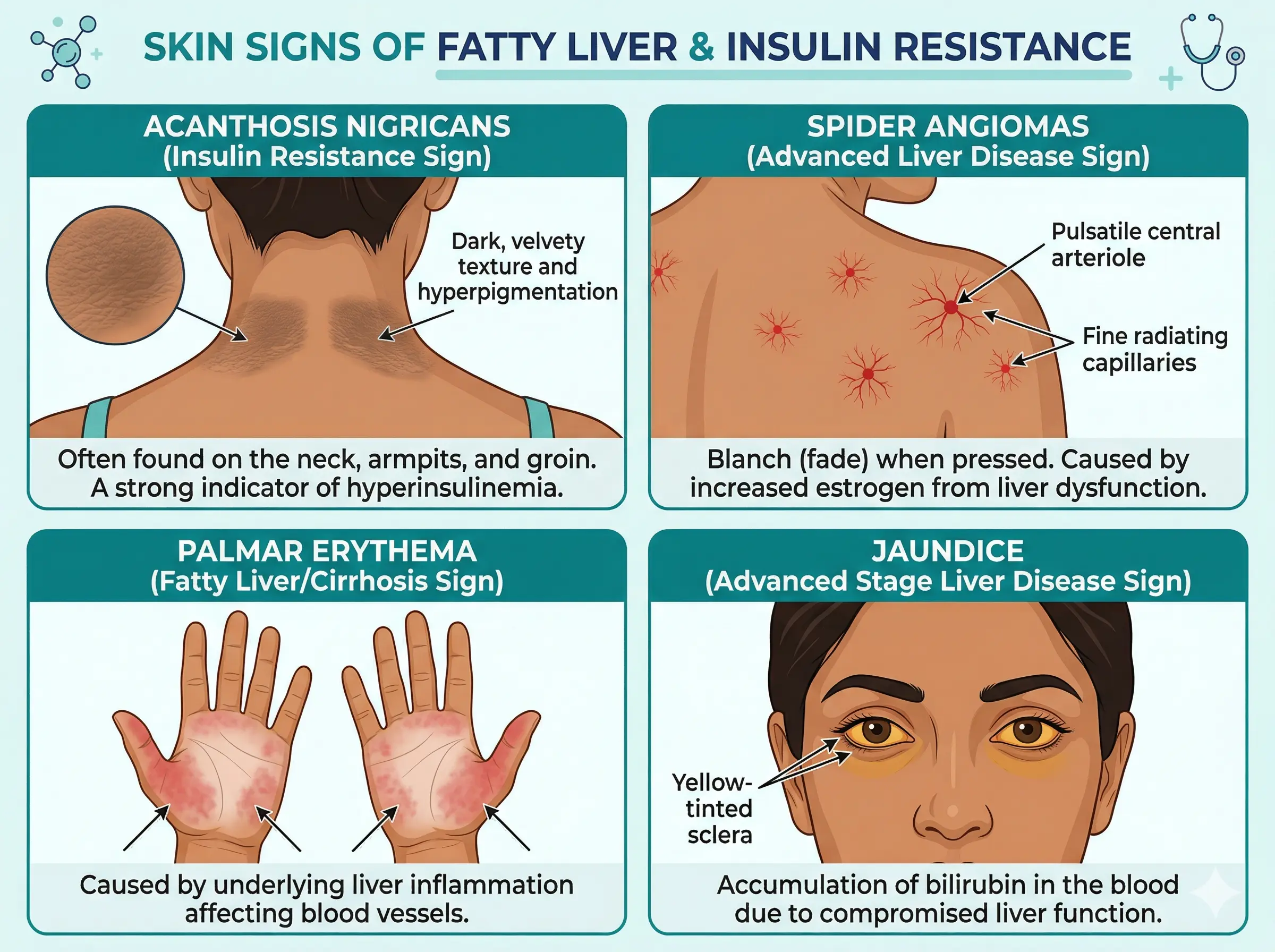 Infographic showing four skin signs of fatty liver and insulin resistance — acanthosis nigricans (dark patches on neck), spider angiomas, palmar erythema (red palms), and jaundice — illustrated on Indian skin tones