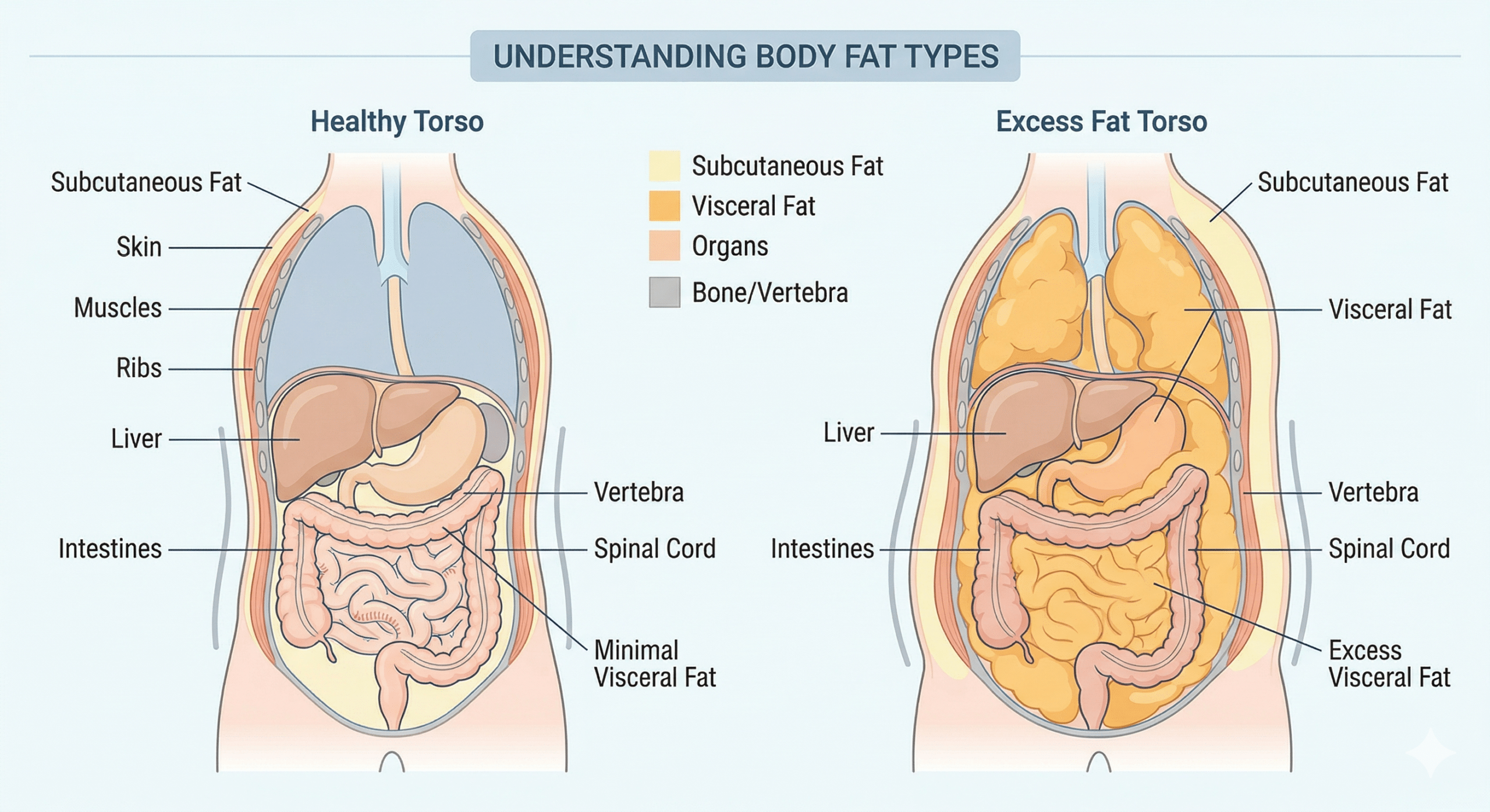 Visceral belly fat vs subcutaneous fat diagram showing how visceral fat wraps around internal organs including liver and intestines