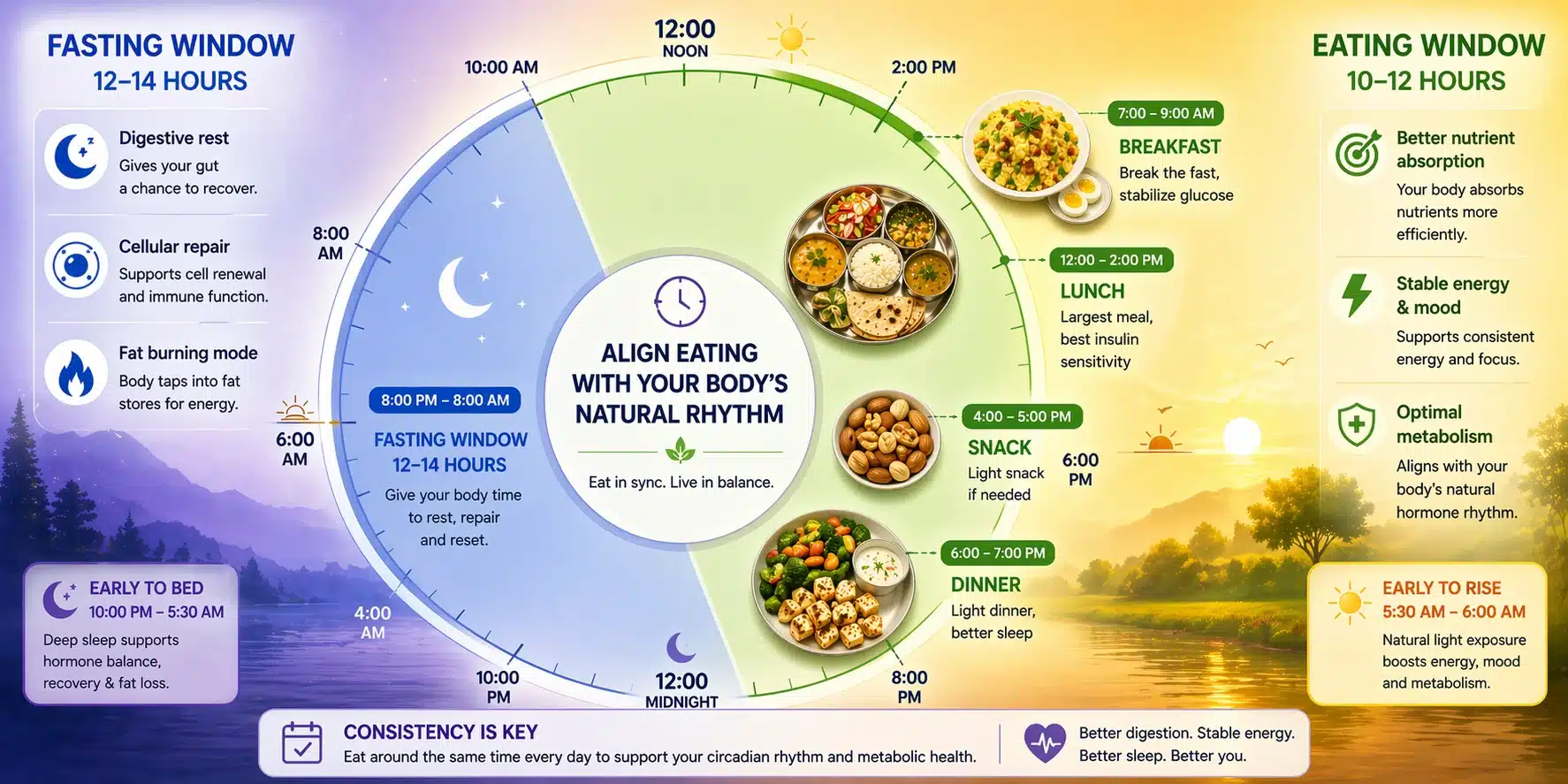 Circadian rhythm meal timing guide showing optimal 10-12 hour eating window and fasting period for metabolic health and blood sugar control