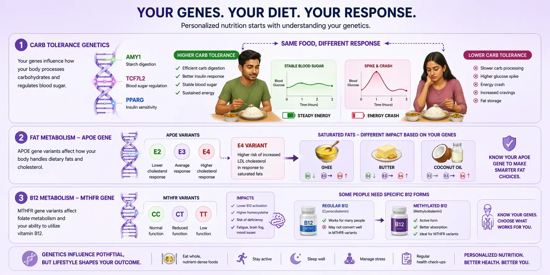 How genetic variations in AMY1, TCF7L2, APOE and MTHFR genes affect carbohydrate tolerance, fat metabolism and vitamin B12 absorption differently in each person