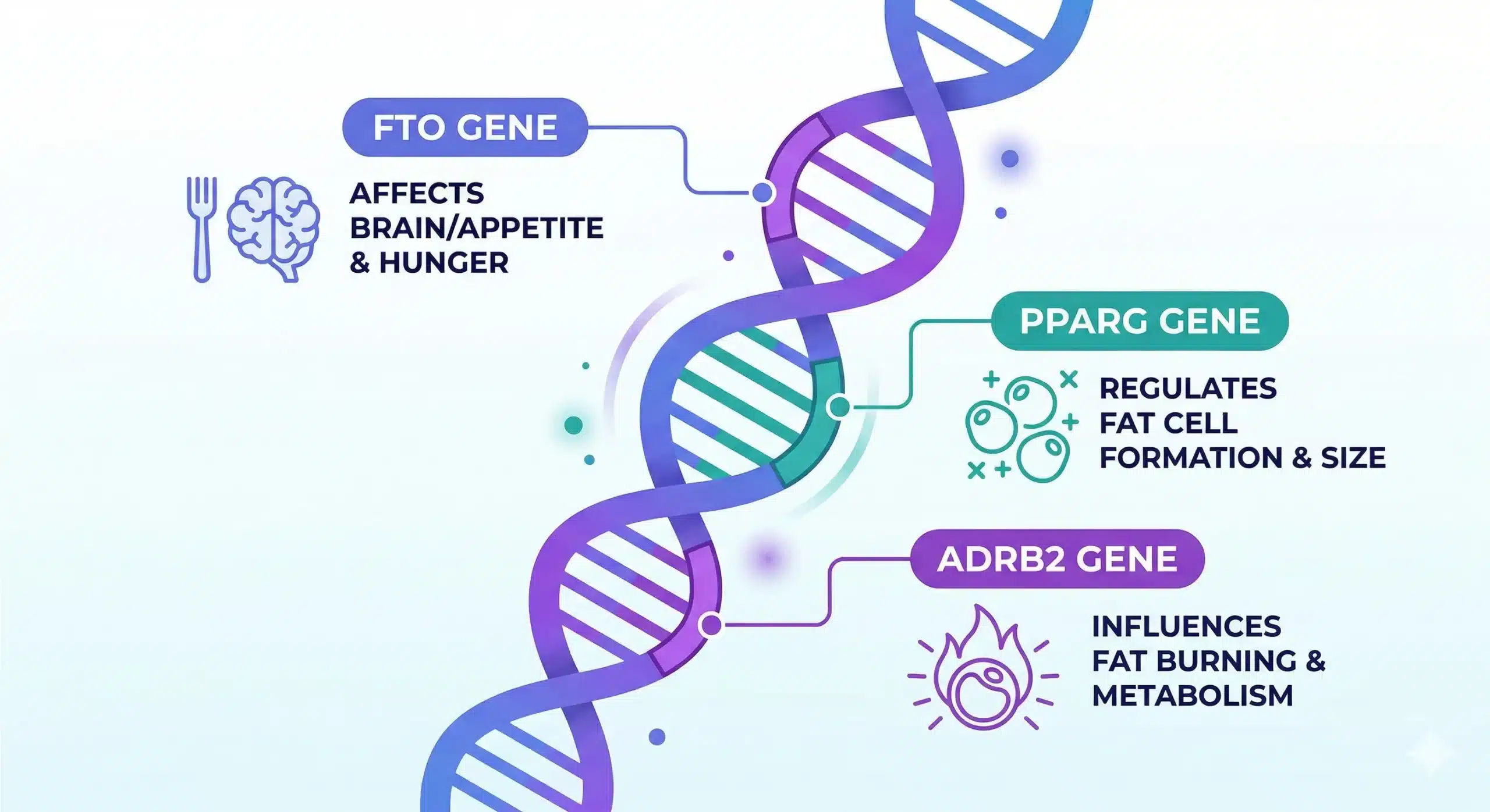 Genetic factors affecting belly fat storage - FTO gene controls appetite, PPARG regulates fat cell formation, ADRB2 affects fat mobilization