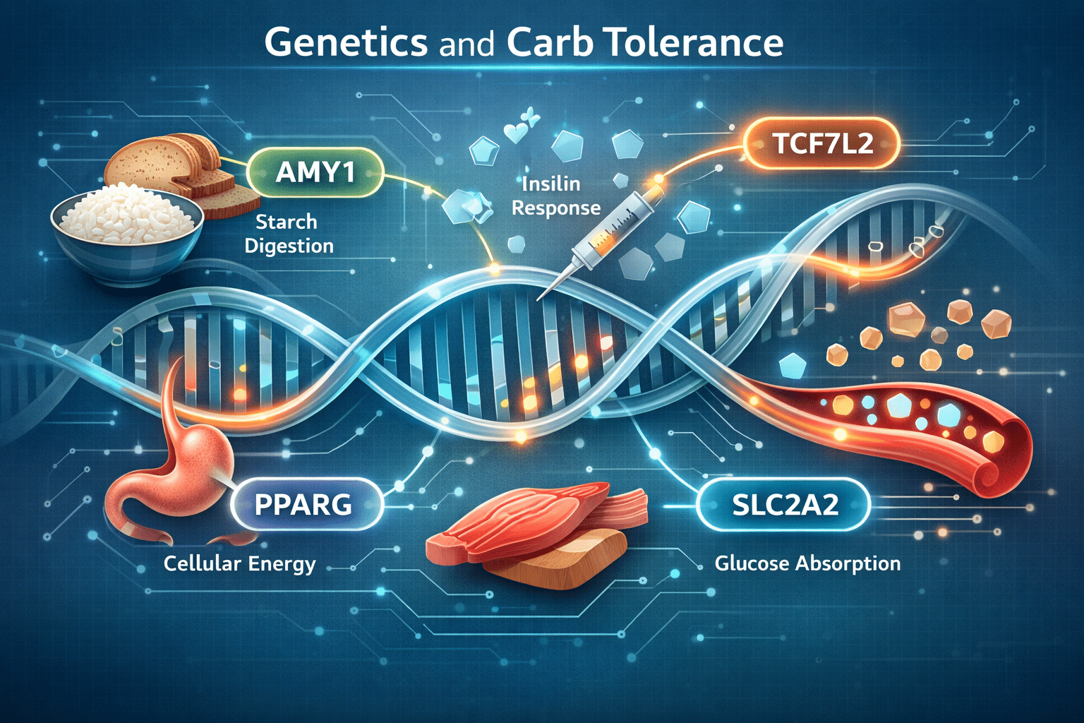 Genetic factors affecting carb tolerance including AMY1, TCF7L2, PPARG, and SLC2A2 genes