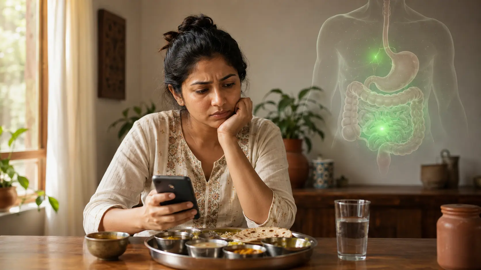 Indian woman at dining table after a meal, wondering why she's hungry again so soon. What is GLP-1? How This One Hormone Controls Your Hunger, Blood Sugar and Weight.