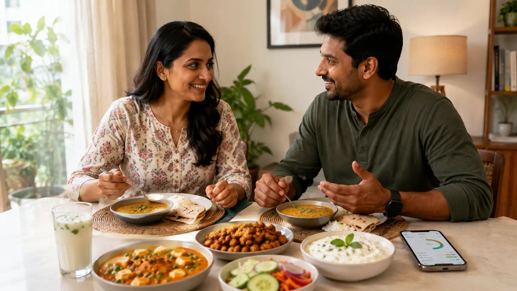 An Indian couple eating a high-protein vegetarian meal at home, with foods including dal, paneer, and hung curd on the table