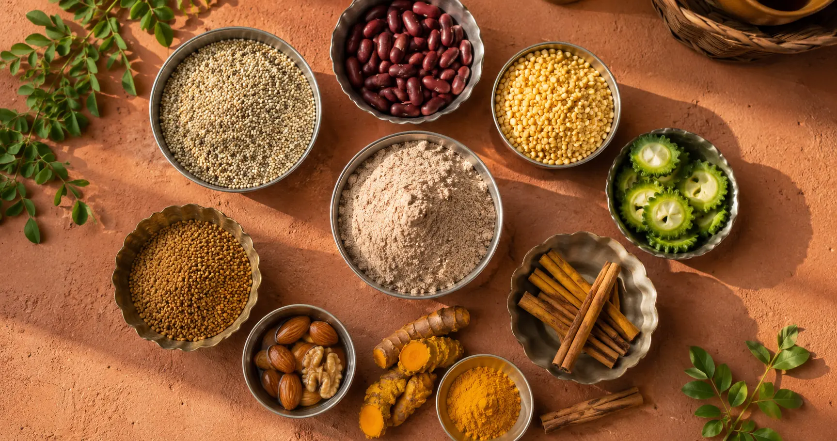 Flat lay of Indian PCOS-friendly foods including bajra, ragi, karela, methi, and turmeric