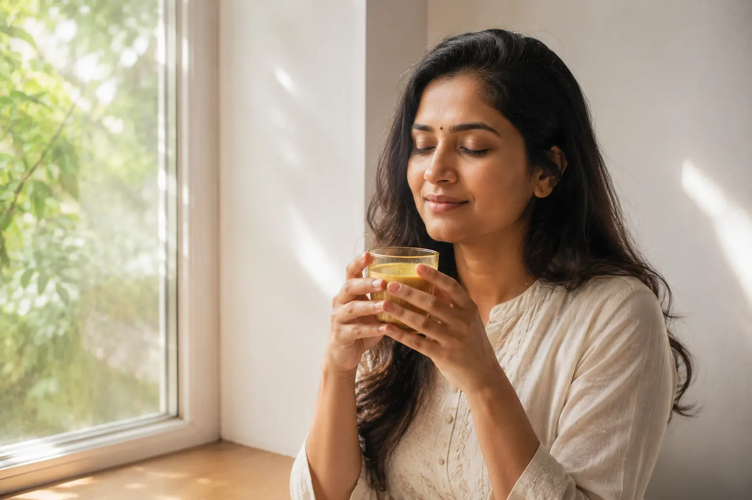 Indian woman drinking warm haldi milk for hormonal health and PCOS support