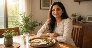 Confident Indian woman in her 30s sitting at a sunlit dining table with a balanced PCOS-friendly thali including bajra roti, dal, sabzi, and curd