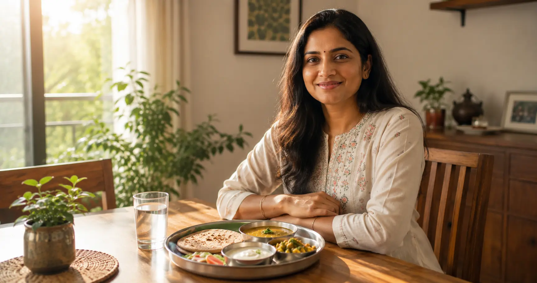 Confident Indian woman in her 30s sitting at a sunlit dining table with a balanced PCOS-friendly thali including bajra roti, dal, sabzi, and curd
