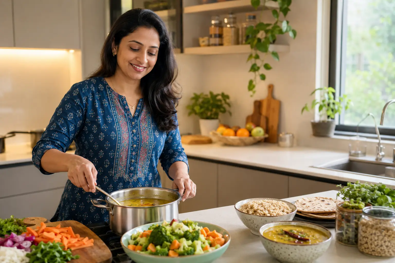 Indian woman preparing a GLP-1 boosting meal with dal and vegetables for natural weight management