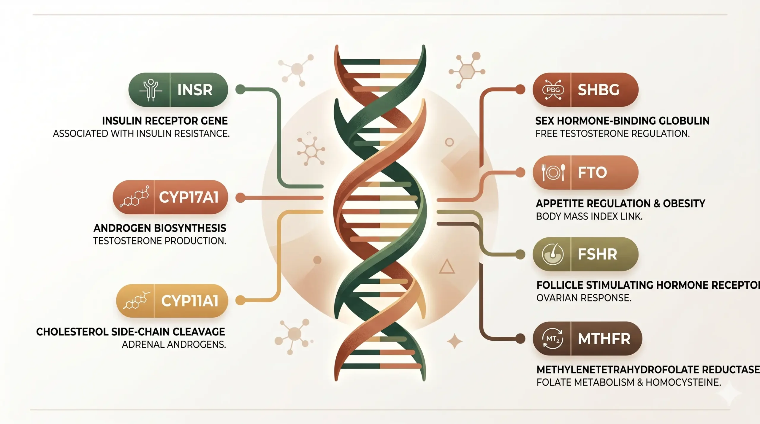Illustration of PCOS-related genetic markers including INSR, CYP17A1, SHBG, and FTO genes