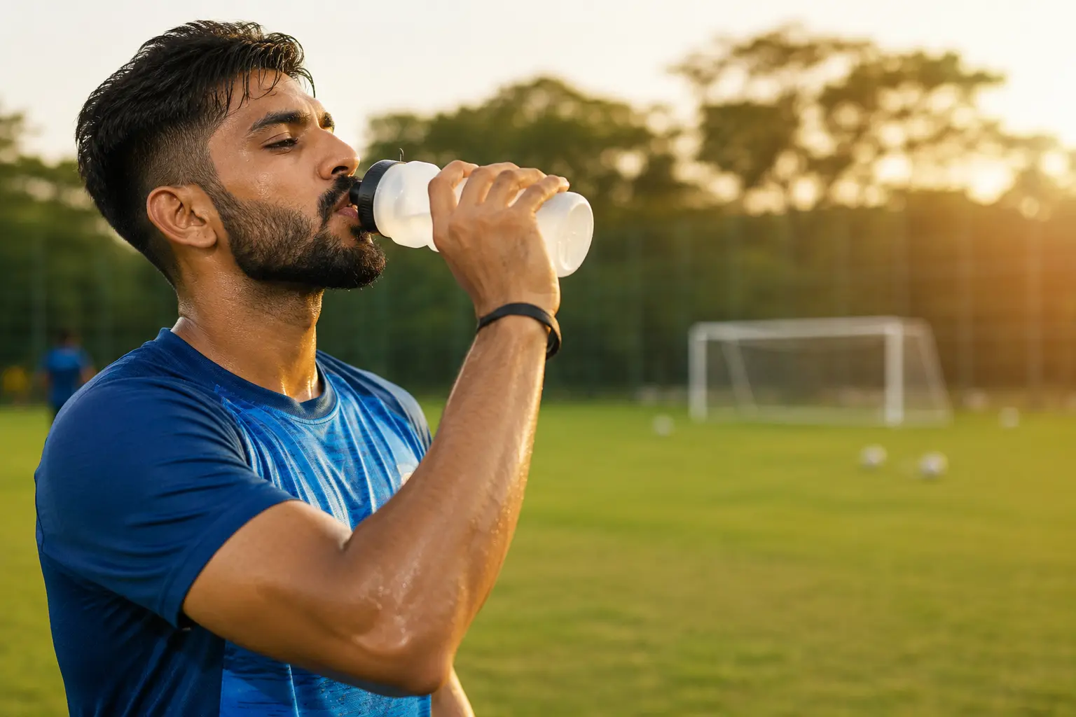 Indian athlete drinking sports drink during training session