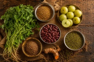 A flat lay of GLP-1 boosting Indian foods including methi seeds, amla, rajma, moong dal, turmeric, and flaxseeds on a wooden surface. Natural Ways to Boost GLP-1: Indian Foods That Trigger Your Satiety Hormone