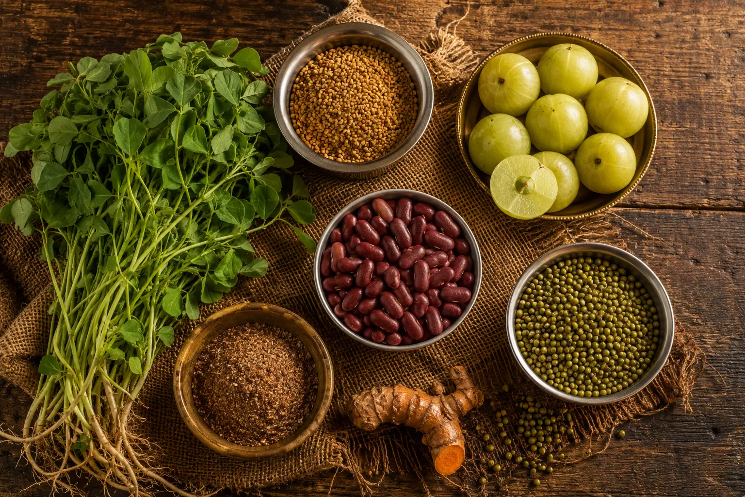 A flat lay of GLP-1 boosting Indian foods including methi seeds, amla, rajma, moong dal, turmeric, and flaxseeds on a wooden surface. Natural Ways to Boost GLP-1: Indian Foods That Trigger Your Satiety Hormone