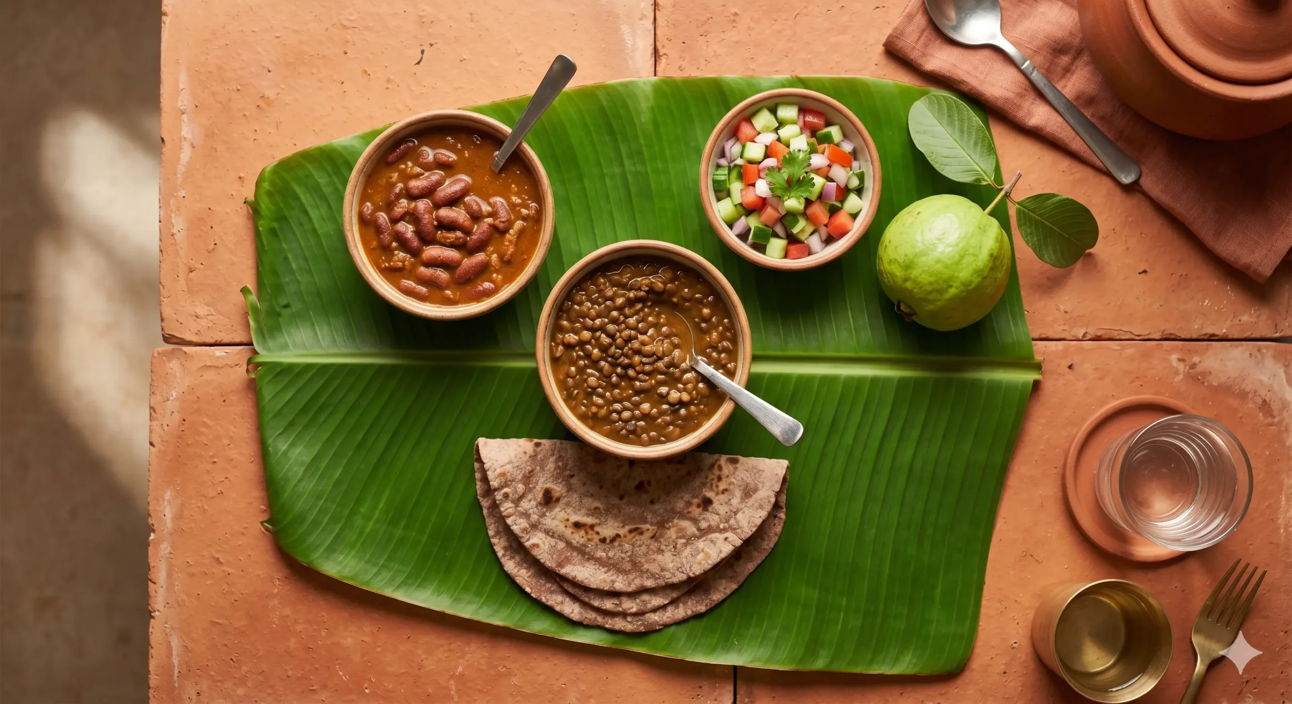 A traditional Indian thali arranged on a banana leaf, featuring whole dals, rajma, ragi roti, guava, and raw salad — high-fibre Indian foods for weight management