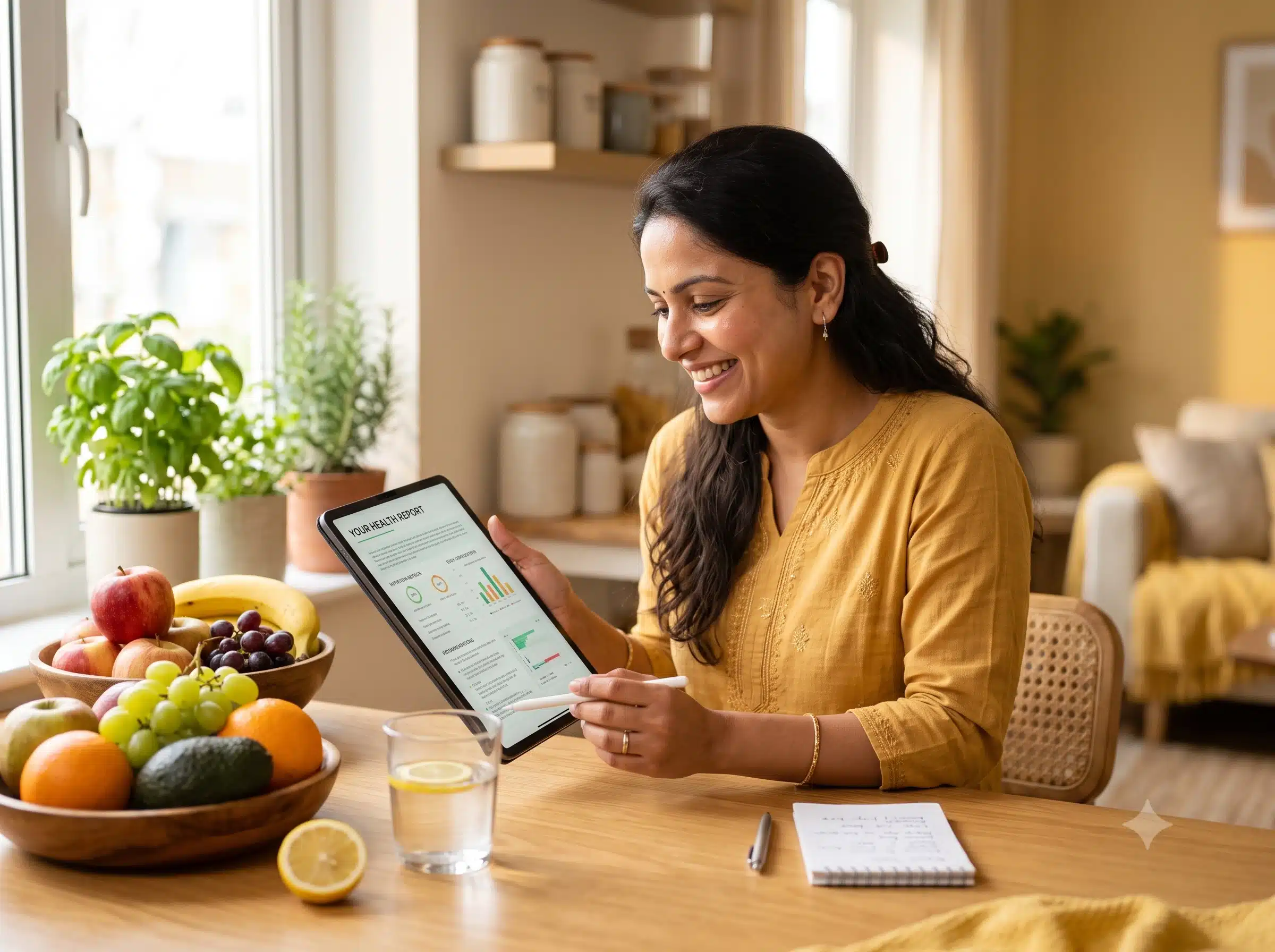 Describe the photo here for SEO/accessibility — e.g. Woman reviewing her DNA Prime nutrition report
